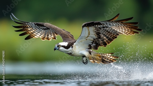 A striking osprey in flight, diving gracefully into water.