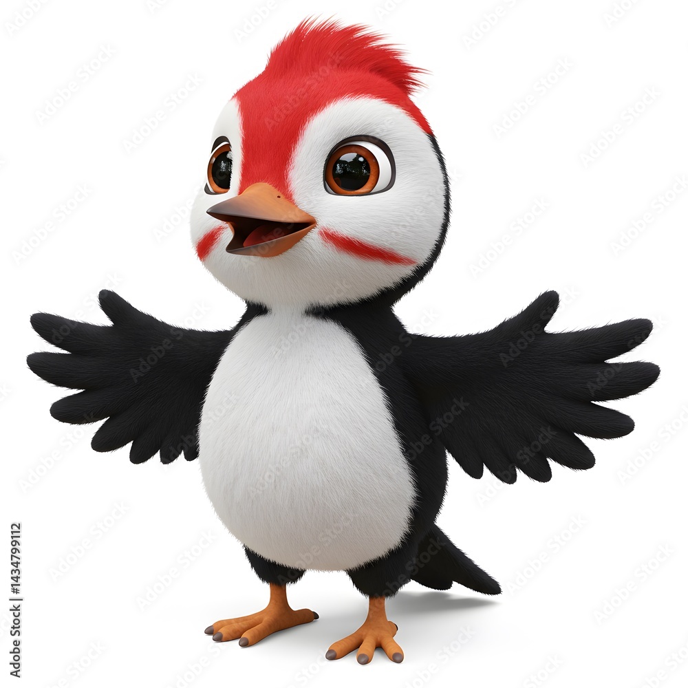 Fototapeta premium 3D Cute animated Bird with a red and white head, black wings, and a white body.