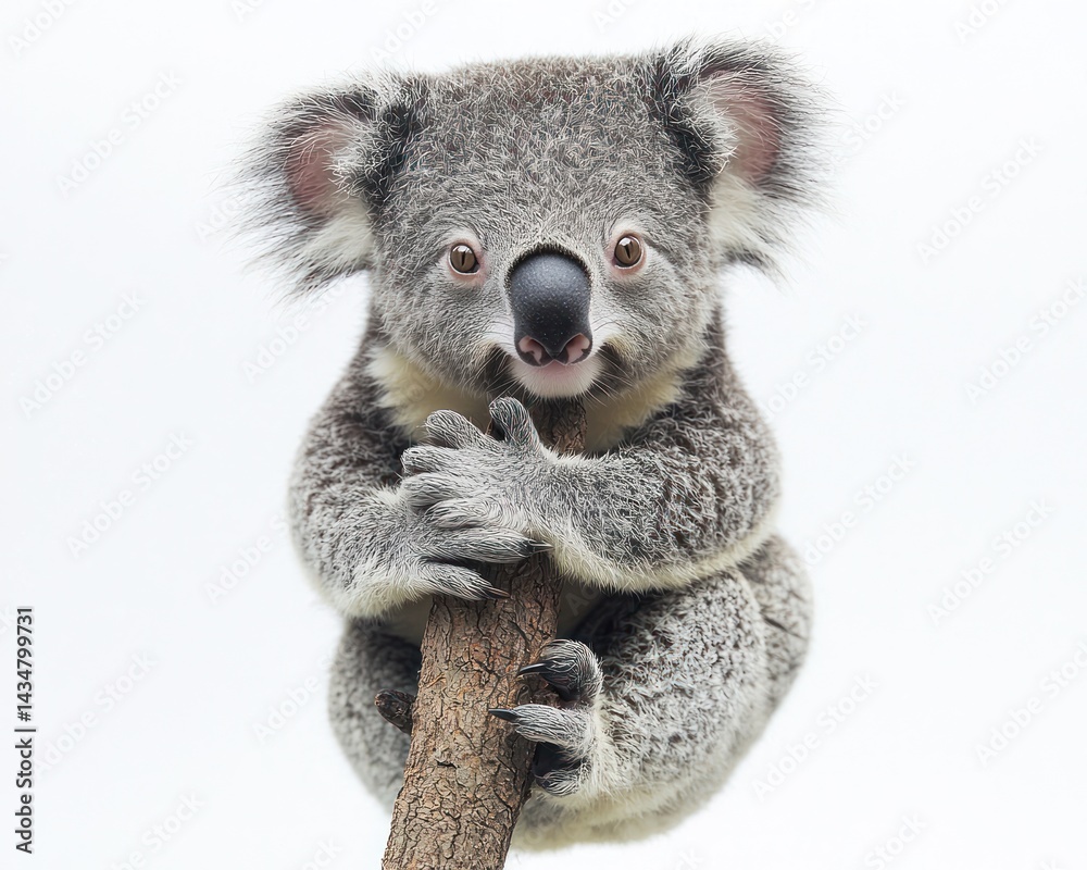 Naklejka premium Adorable koala clinging to a branch, showcasing its cute features and fur texture