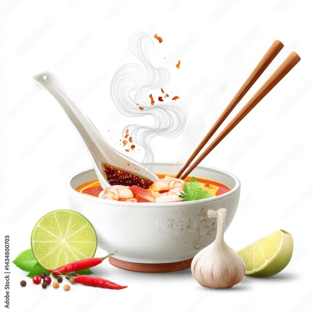 Aromatic Soup with Fresh Ingredients and Chopsticks in a Bowl