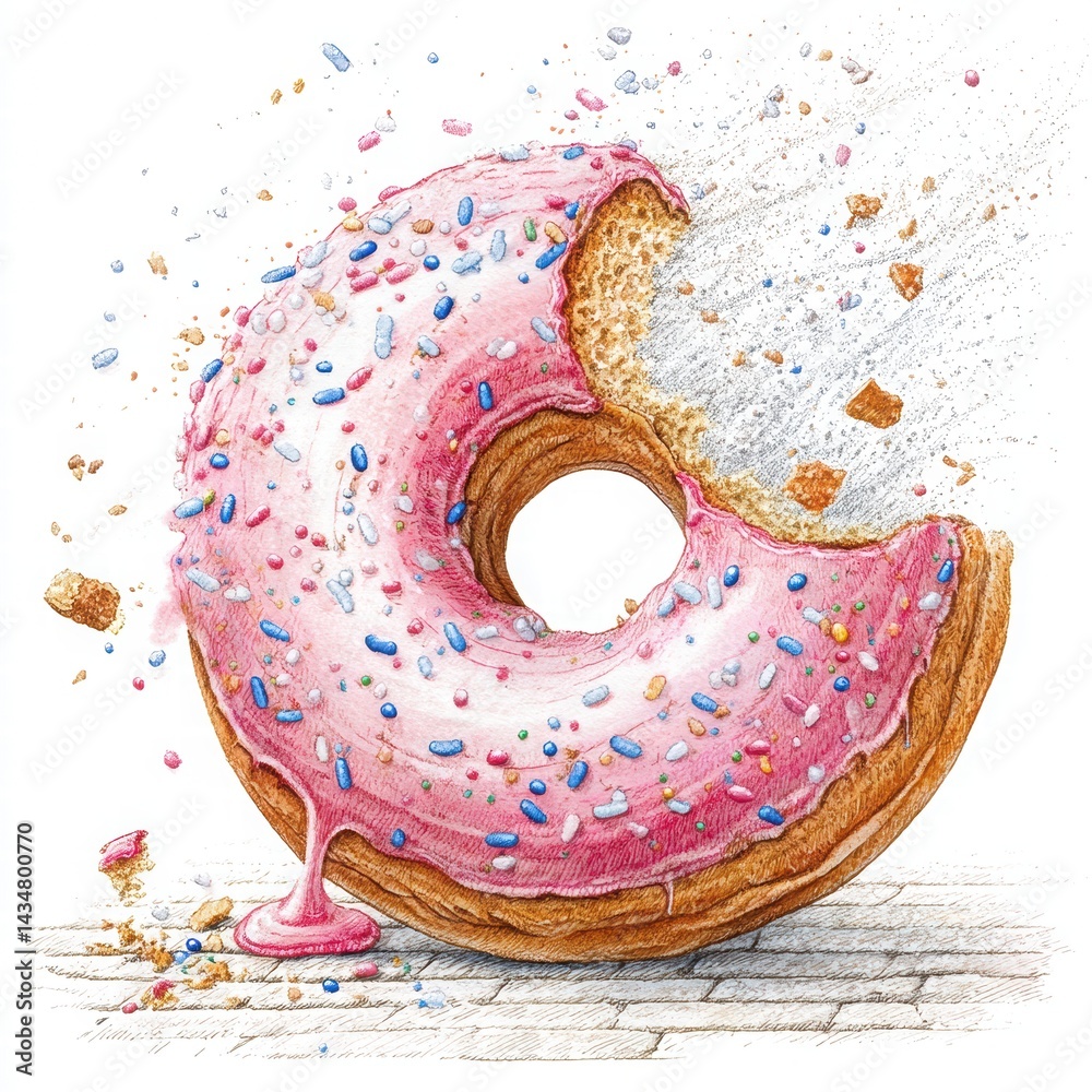 Colorful Donut with Pink Frosting and Sprinkles on a White Background