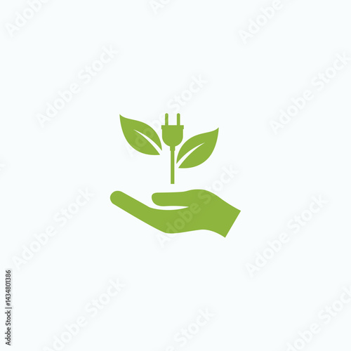 A hand holding an electric plug, connected to a plant, representing the harmony between human actions and environmental preservation.