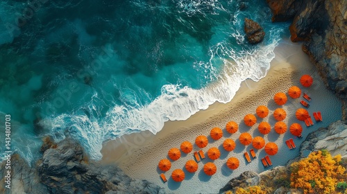 Bergeggi Beach Aerial: Orderly Umbrellas Contrasting with Rugged Italian Coastline