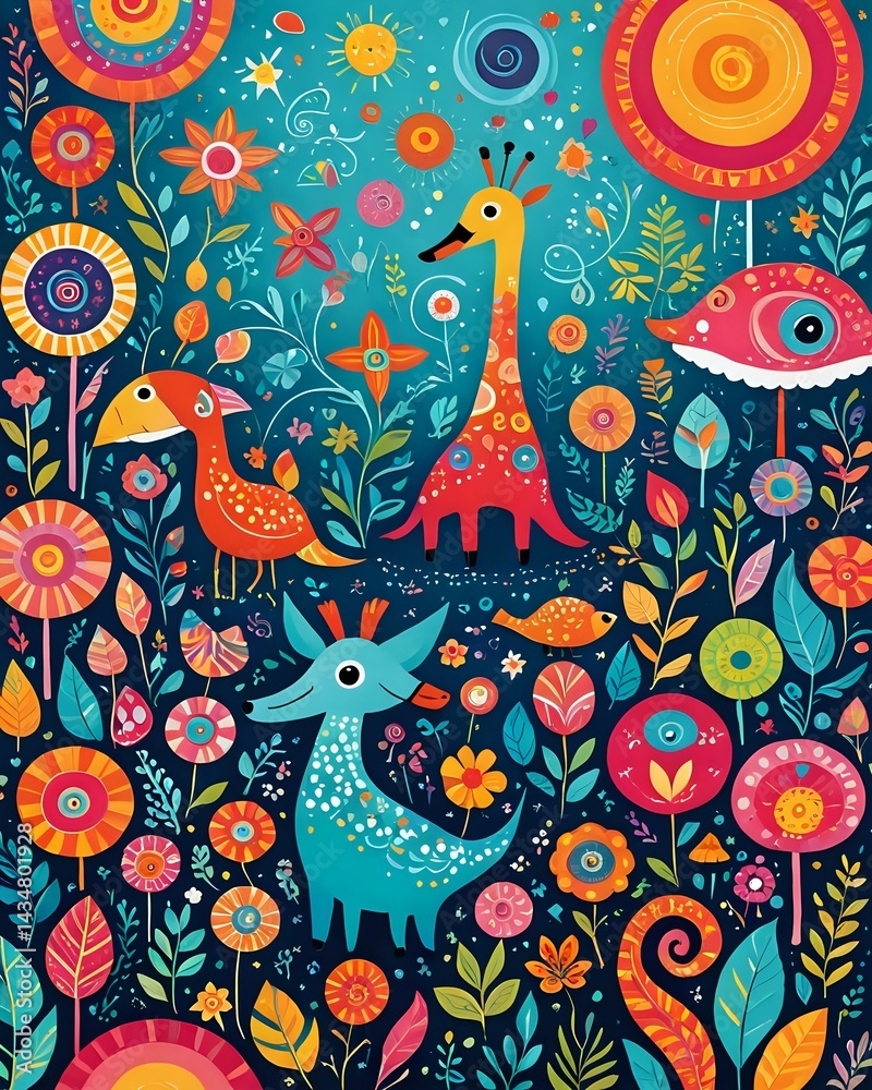 Naklejka premium Whimsical Animal Illustration Colorful Floral Fantasy Art