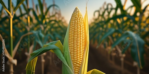 Close-up view of a ripe ear of corn growing in a lush green field at sunset, showcasing the beauty and abundance of agriculture and organic food production
 photo