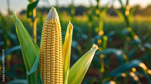 Single golden corn cob ready for harvest standing proudly in the field under warm sunlight, representing organic farming, food sustainability, and rural life
 photo