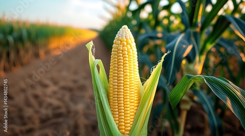 Single golden corn cob ready for harvest standing proudly in the field under warm sunlight, representing organic farming, food sustainability, and rural life
 photo