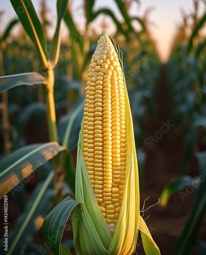 Close-up view of a ripe ear of corn growing in a lush green field at sunset, showcasing the beauty and abundance of agriculture and organic food production
 photo