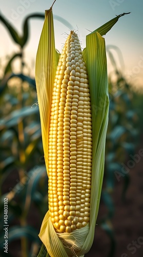 Close-up view of a ripe ear of corn growing in a lush green field at sunset, showcasing the beauty and abundance of agriculture and organic food production
 photo