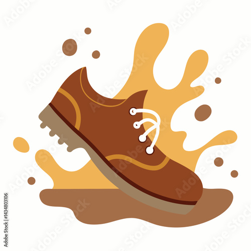 Hiking Boots & Footwear Vector Shoe stepping into mud puddle with splash detail and earth tone palette
