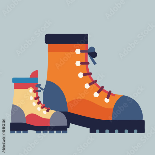 Hiking Boots & Footwear Vector Simple vector of child’s hiking shoes beside larger adult boots