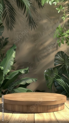 Wooden Round Display Stand Surrounded by Tropical Greenery Background