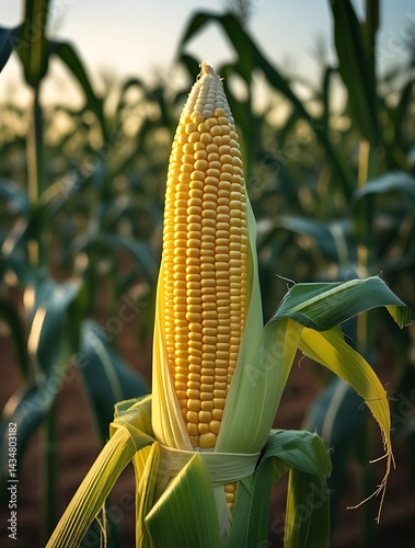 Close-up view of a ripe ear of corn growing in a lush green field at sunset, showcasing the beauty and abundance of agriculture and organic food production
 photo