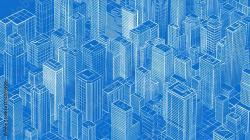 Isometric city blueprint graphic. High-angle view of architectural digital drawing.  Use Stock photo for architectural, urban design, or business concepts