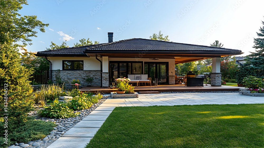 Obraz premium Modern house, backyard patio, garden, sunny day, real estate