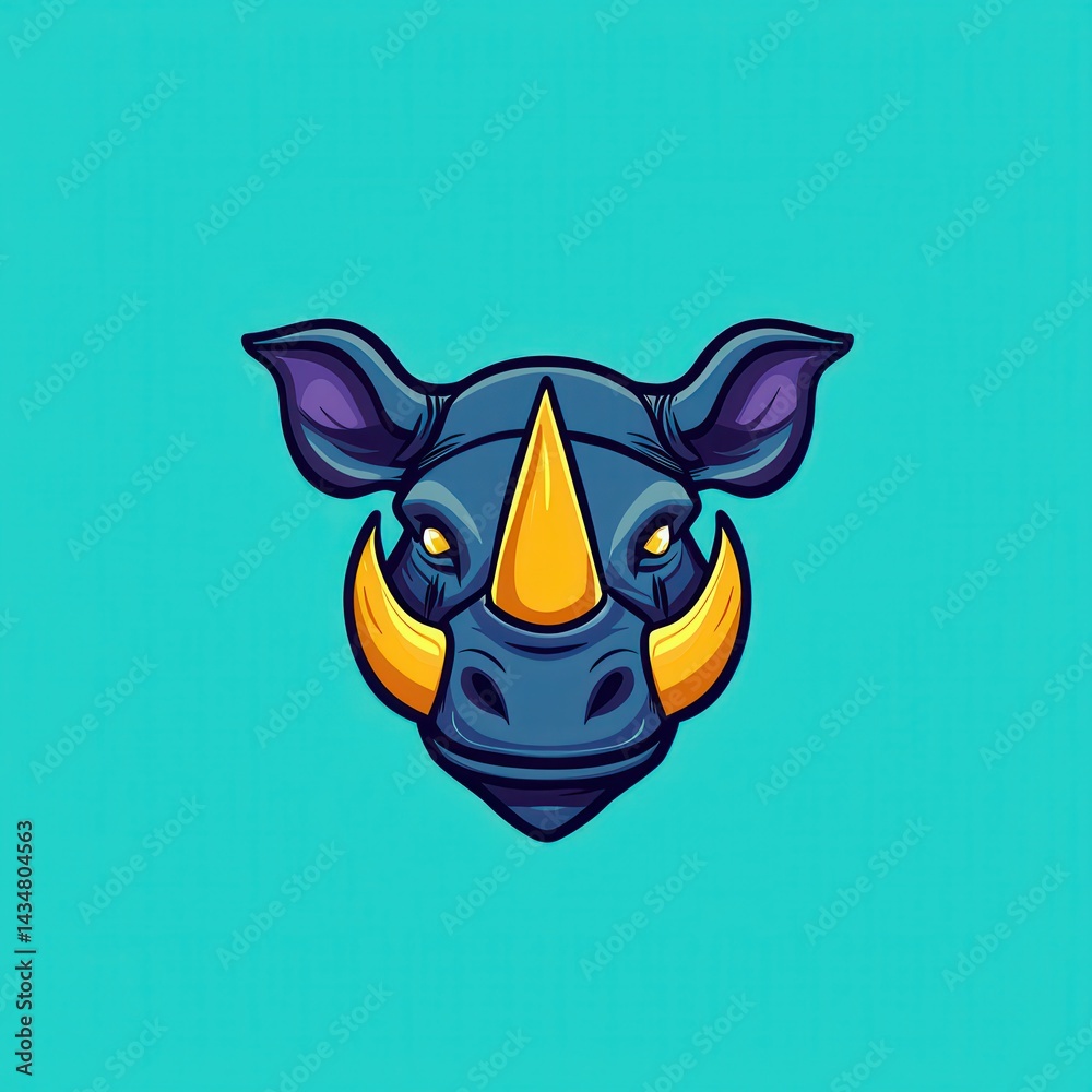 Naklejka premium Cartoon rhinoceros head illustration with orange horn and purple body on teal background