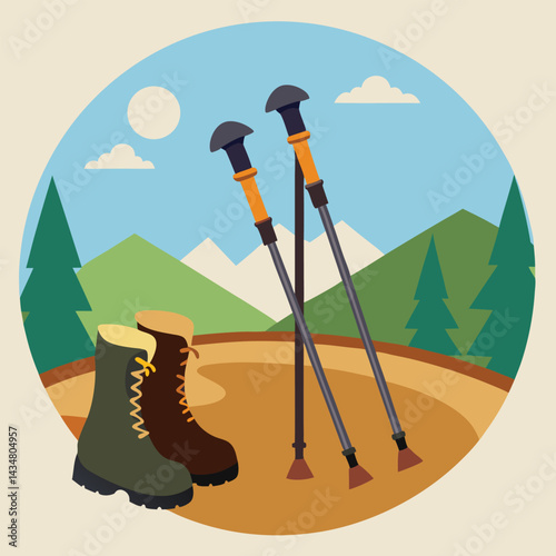 Hiking Boots & Footwear Vector Trekking poles resting against boots on dirt path active setup