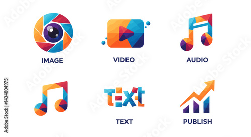 Colorful media icons set featuring image video audio text and publish with geometric design elements for creative projects and digital marketing