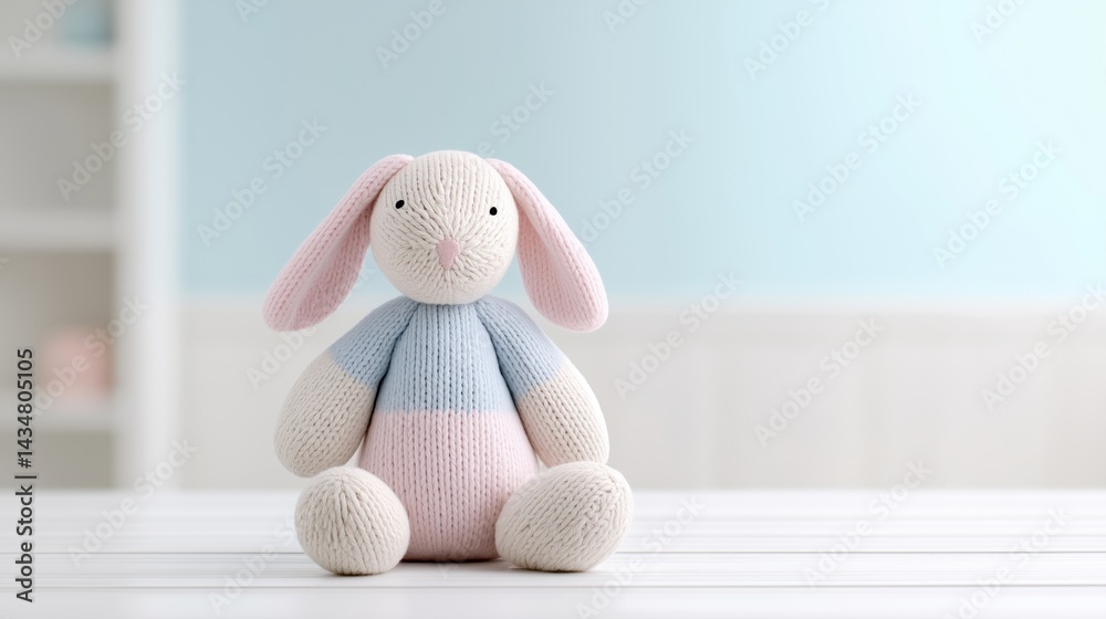 Soft knitted rabbit sits on a table in a cozy nursery, providing warmth and comfort in a pastel-colored environment.