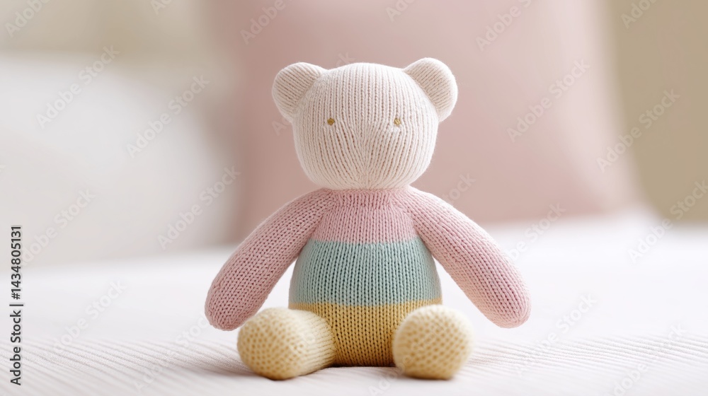 Soft and colorful knitted bear plush toy sitting on a bed in a cozy bedroom setting during daylight.