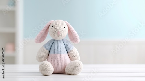 Obraz na płótnie Soft knitted rabbit sits on a table in a cozy nursery, providing warmth and comfort in a pastel-colored environment. w salonie