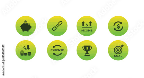 Financial goals and saving money concept featuring piggy bank, expense, income, investment, and target on green gradient background