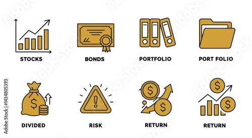 Financial investments vector icon set featuring stocks bonds portfolio risk and return