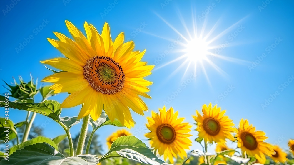 Obraz premium Vibrant sunflowers bask in bright sunlight against a clear blue sky. A cheerful summer scene perfect for nature, happiness, and positive vibes.