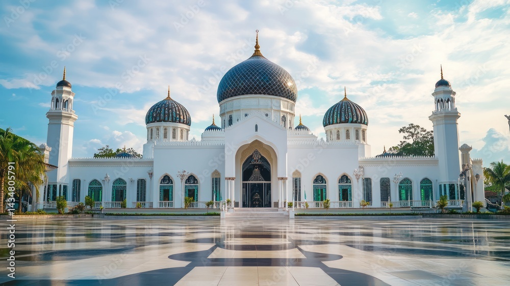 Fototapeta premium A magnificent white mosque with intricate details and shimmering domes.