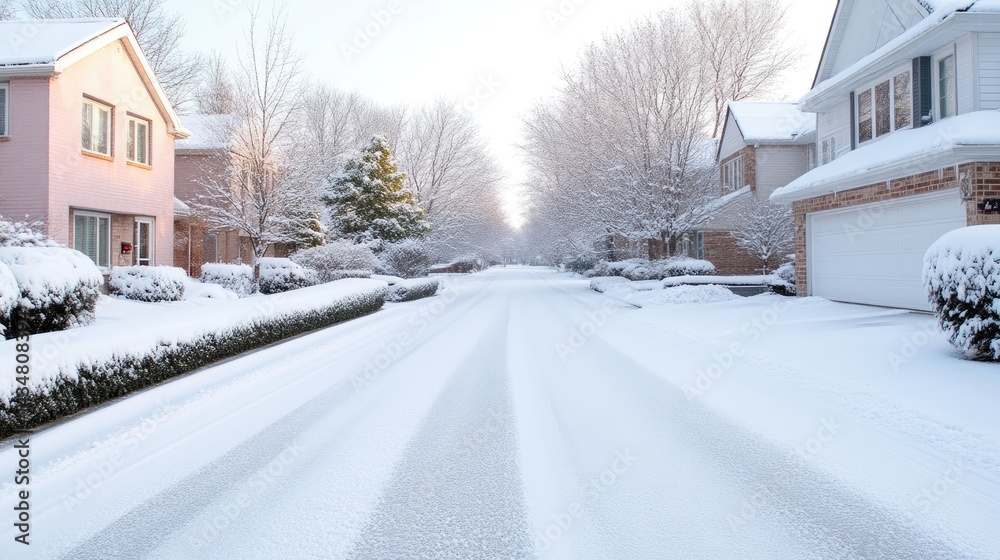 Fototapeta premium Snowy residential street in winter. A quiet, snow-covered street lined with houses, trees, and bushes. The morning sun casts a soft light over the scene