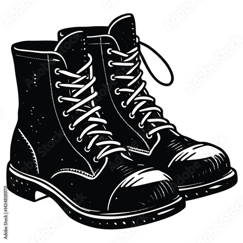 Hiking Boots & Footwear Vector silhouette Old boots with scuffed leather and loose laces, vintage worn style