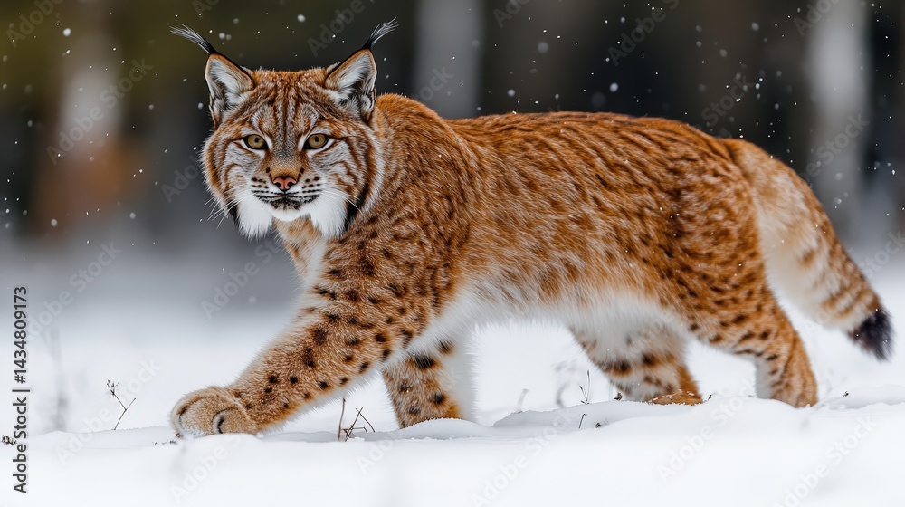 Fototapeta premium Majestic wildcat strides through a snowy forest.