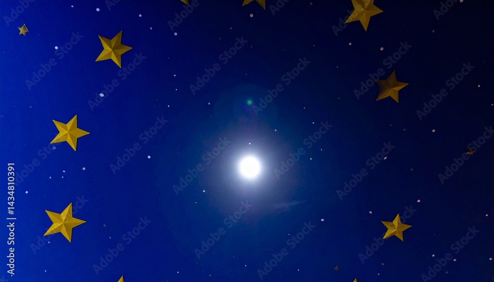 Naklejka premium 金色の星々が点在する深い青と黒の空、中央の輝く大きな光がスピリチュアルな導きを示す幻想的な空間