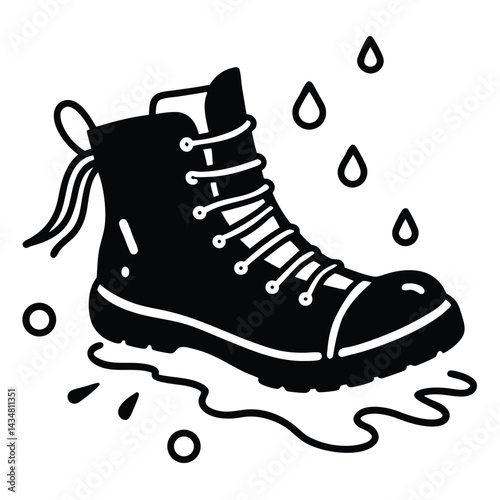 Hiking Boots & Footwear Vector silhouette Vector illustration of wet hiking boots with puddles and raindrops around (2)