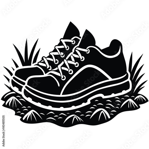 Hiking Boots & Footwear Vector silhouette Vector of hiking shoes on a rocky surface with grass and pebbles