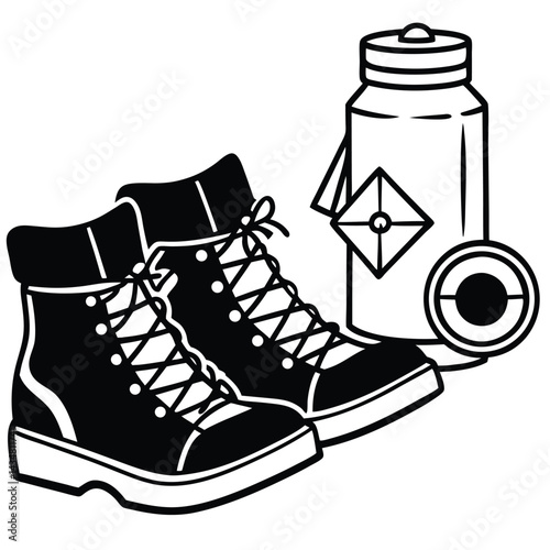 Hiking Boots & Footwear Vector silhouette Worn-out hiking boots beside map, compass, and water bottle, vintage look 