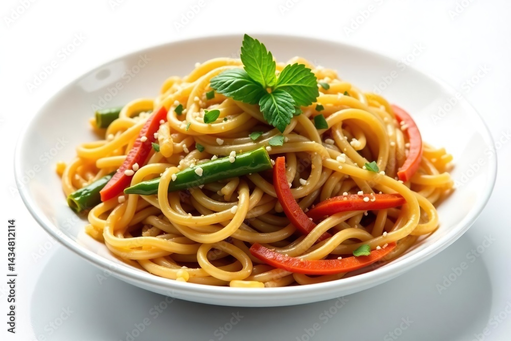 Stir-fried noodles with vegetables on white background, image, food Stir-fried noodles with vegetables on white background, image, food
