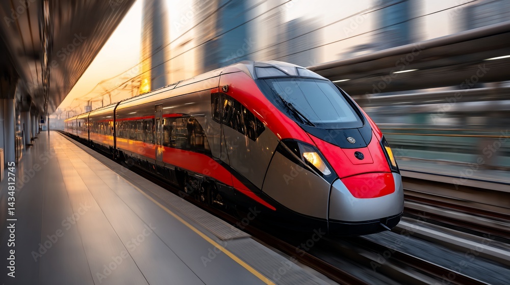 Fototapeta premium High-speed train at sunset station