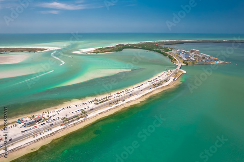 Florida. Panorama of Honeymoon Island State Park FL. Dunedin Causeway. Ocean beach. Spring Break or summer vacation. Gulf of Mexico. Gulf of America. Tropical Nature. Seascape photo. Aerial view photo
