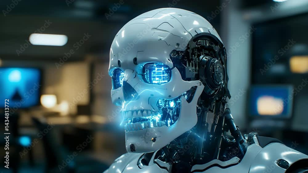 Futuristic robot skull with glowing blue circuitry and high detail Futuristic robot skull with glowing blue circuitry and high detail