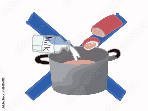 Illustration of a batten sign with milk and cooked meat that are forbidden to eat in religious precepts