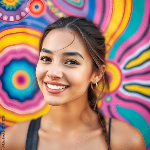 Happy hispanic lesbian young woman looking at the camera on a colorful background