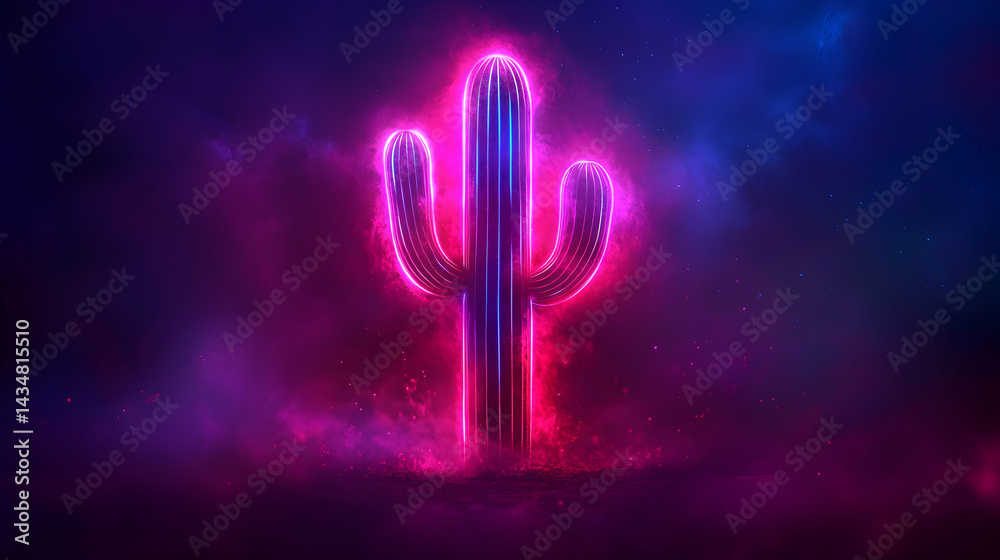 Neon cactus glowing in vibrant pink and blue hues against a dark, smoky background. Perfect for music festivals, nightlife, or desert themes. Neon cactus glowing in vibrant pink and blue hues against a dark, smoky background. Perfect for music festivals, nightlife, or desert themes.