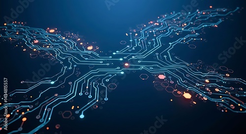 Abstract glowing circuit board design on a dark blue background forming an x shape in the center