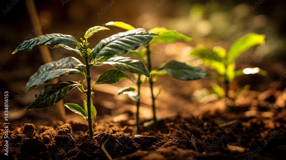 Young coffee seedlings in gentle light, symbolizing growth and natural beginnings.