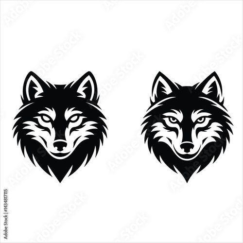 Two fierce black and white wolf head illustrations with sharp eyes, pointed ears, and detailed fur textures on a white background,
