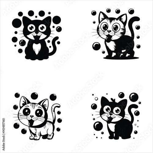 Four cute cartoon vectors kittens with big round eyes surrounded by playful bubbles on a white background