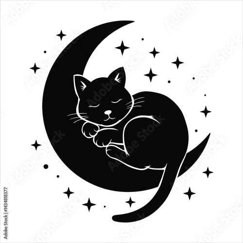 Black silhouette of a peaceful sleeping cat curled around a crescent moon surrounded by sparkling stars on a white background