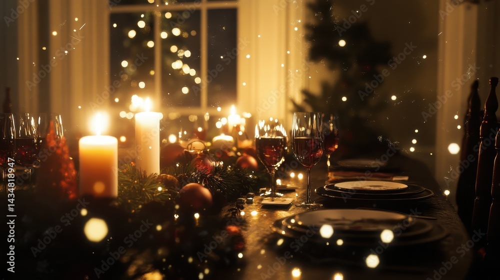 Festive Christmas Table Setting with Candles and Wine Festive Christmas Table Setting with Candles and Wine