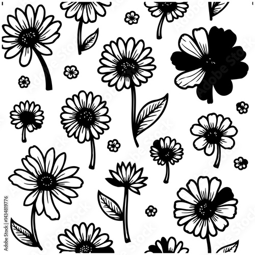 Monochrome floral pattern featuring assorted daisies in various orientations
